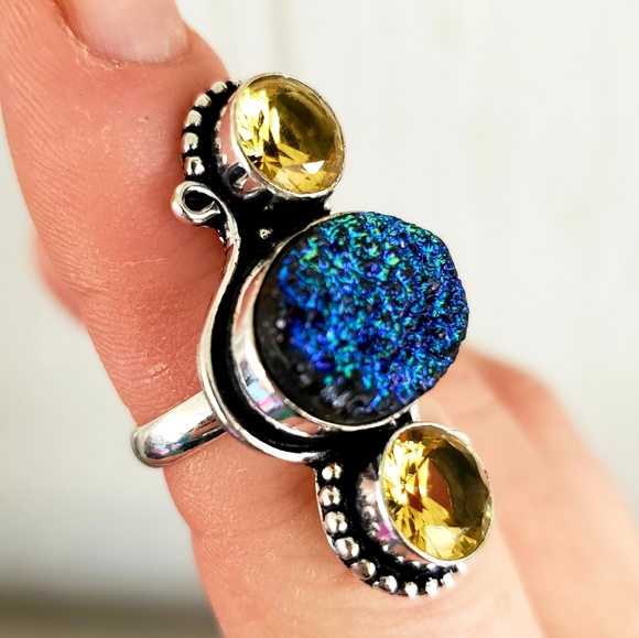 New Titanium Druzy and Citrine Silver Ring. - Picture 4 of 7